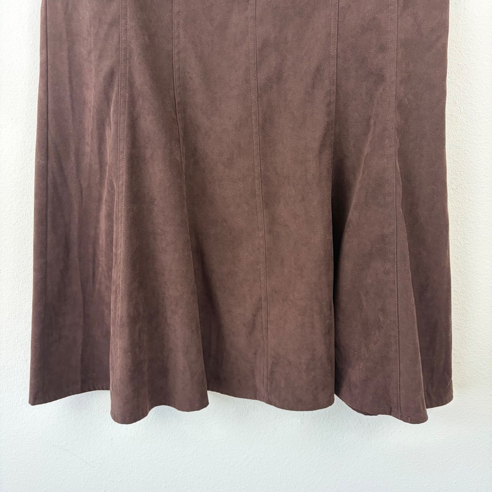 Vintage Boho Chocolate Brown Faux Suede Flare Midi CATO Skirt Womens Size 10 - Picture 9 of 10